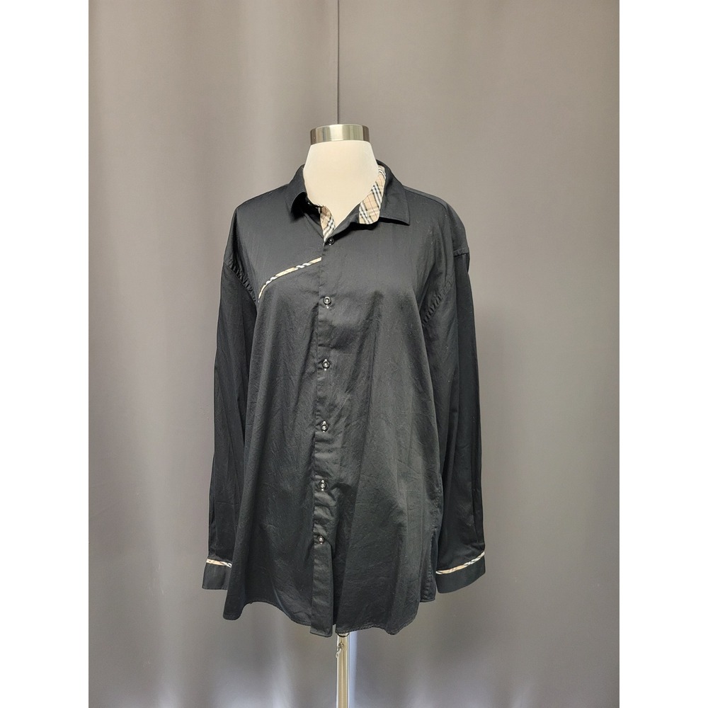 Banana Lemon Shirt Black Nova Check Plaid Accent Cotton Saten Long Sleeve XL‎